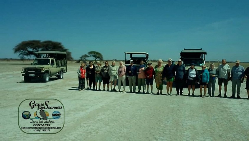 Big group safari in the centre of the Central kalahari game reserve
